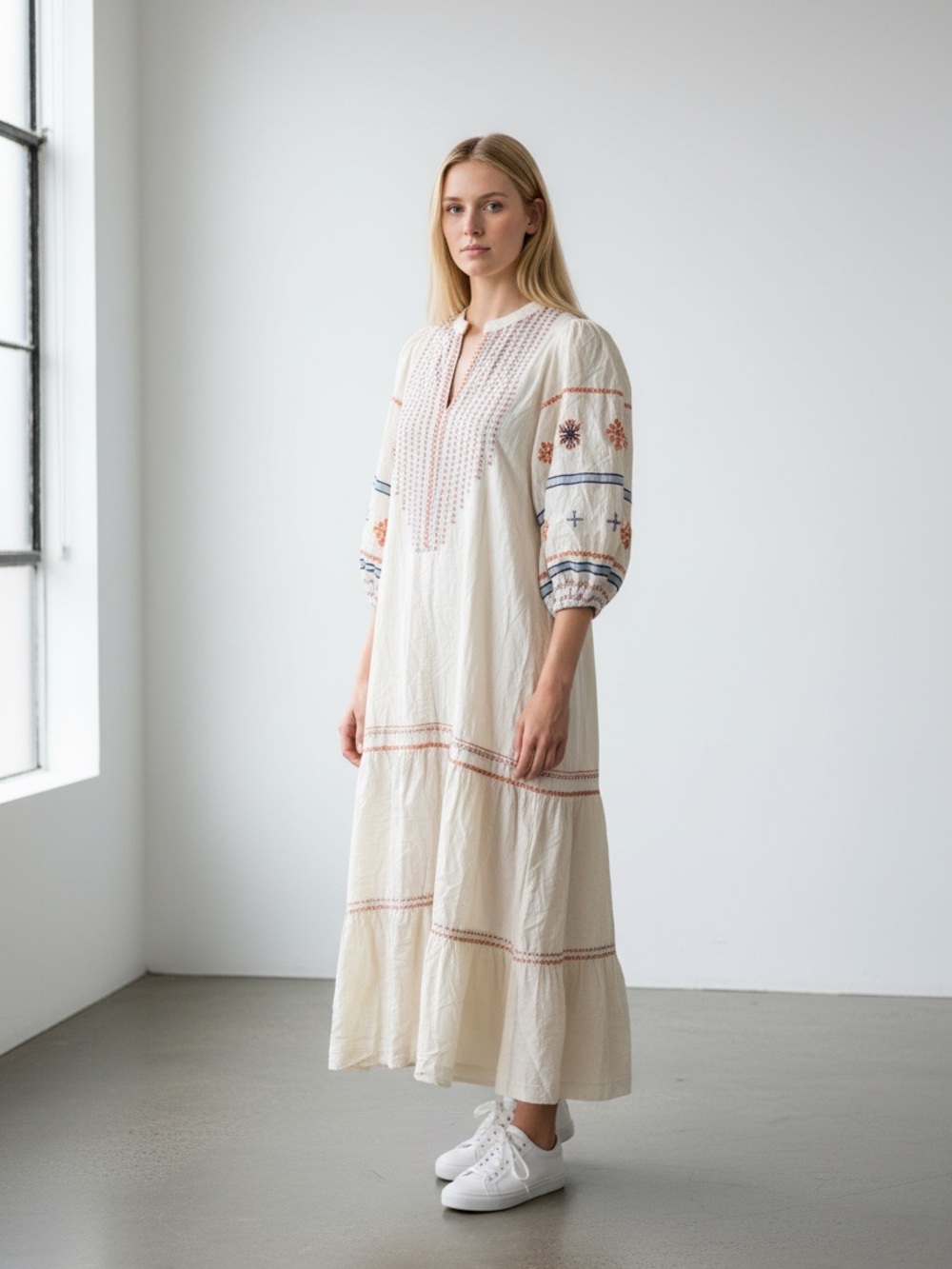 ETHNC Embroidered Cotton Linen Midi Dress Cream Boho Balloon Sleeve Medium